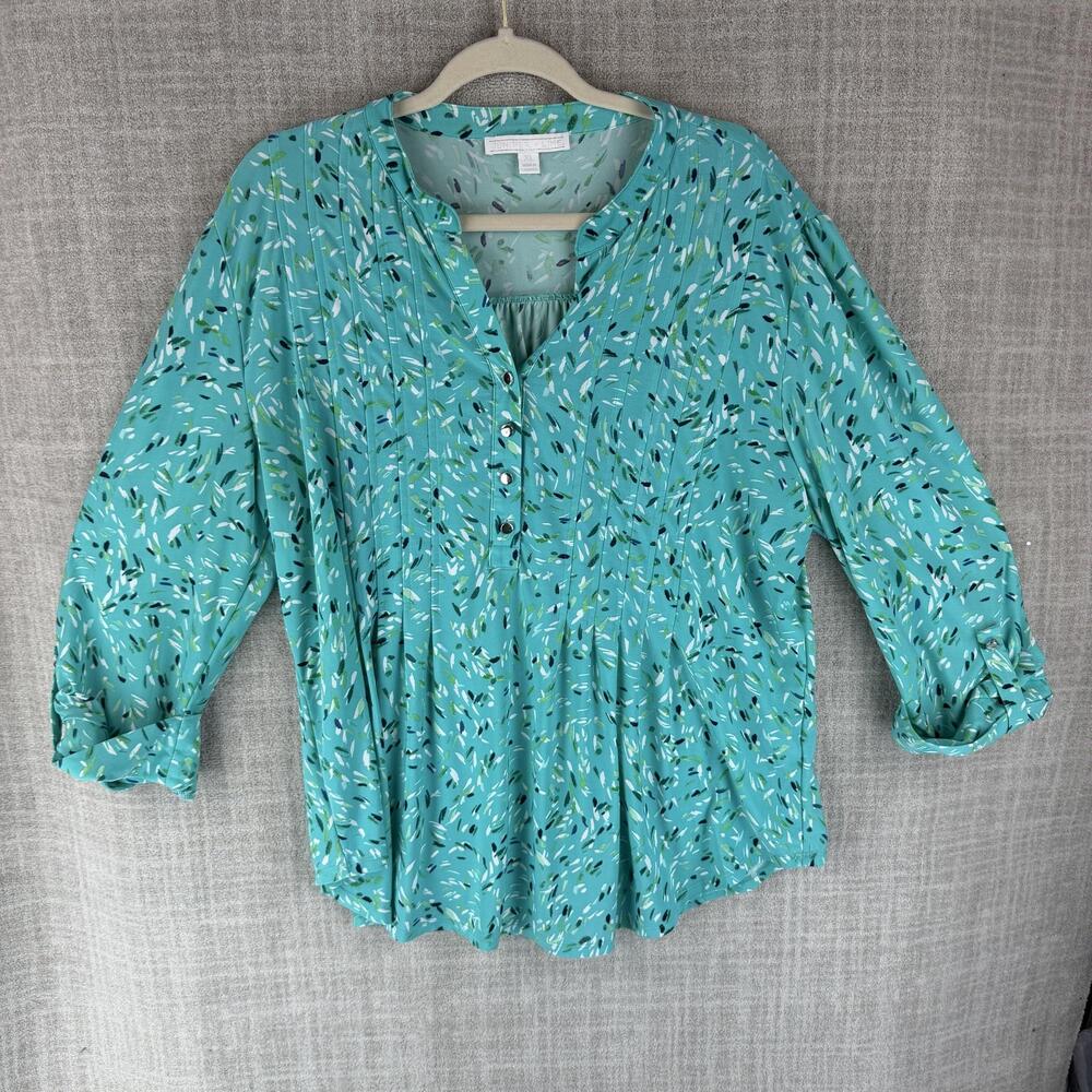 Juniper + Lime Blouse Womens XL Green Tunic Hawaiian V-Neck 3/4 Sleeve Pleated